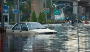 A flooded city street, with a car stuck in the middle, highlighting flood hazards in the workplace
