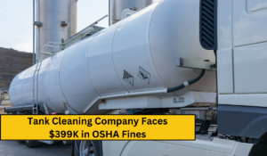 A semi truck hauling a large white cylindrical tank. There is text which reads "Tank Cleaning Company Faces $399K in OSHA Fines"