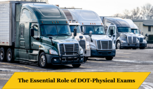 A fleet of semi trucks, with a caption that reads, "The essential role of DOT Physical Exams"