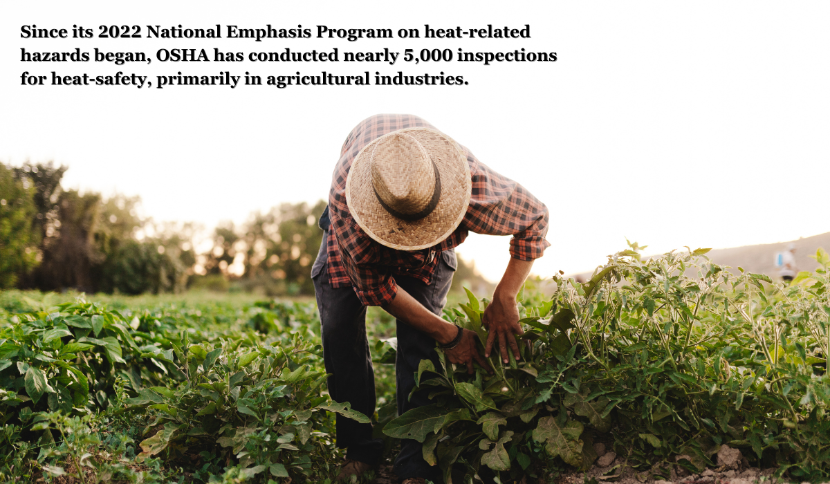 An agricultural worker in the field with a caption included in the text which reads "Since its 2022 National Emphasis Program on heat-related hazards began, OSHA has conducted nearly 5,000 inspections for heat-safety, primarily in agricultural industries."