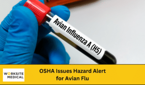 A close up photo of a person holding a vial containing a blood sample which is being tested for avian flu. There is text at the bottom which reads "OSHA Issues Hazard Alert for Avian Flu"