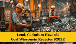 Two workers in a recycling plant. Accompanying text reads: "Lead and Cadmium Hazards Cost Wisconsin Recycler $202K