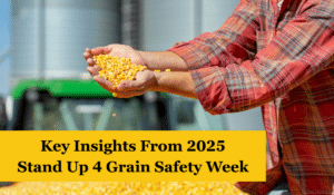A person holding a handful of grain in their hands, with text reading "Key insights from 2025 Stand Up 4 Grain Safety Week"