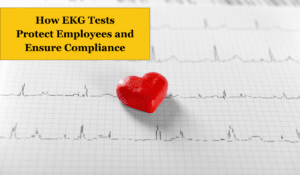 An image of an EKG test printout. Overlayed text reads "How EKG tests protect employees and ensure compliance"