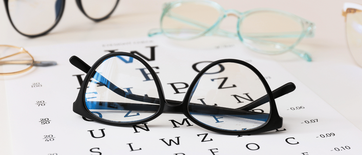 Glasses and Eye Chart A pair of eyeglasses resting on an eye chart